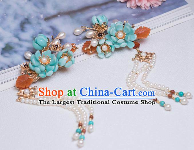 Chinese Classical Court Blue Flower Hair Sticks Handmade Hanfu Hair Accessories Ancient Ming Dynasty Empress Pearls Tassel Hairpins