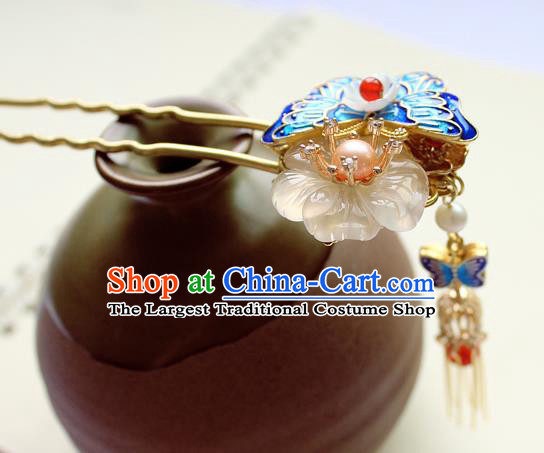 Chinese Classical Blueing Butterfly Tassel Hair Stick Handmade Hanfu Hair Accessories Ancient Ming Dynasty Empress Jade Pearls Hairpins