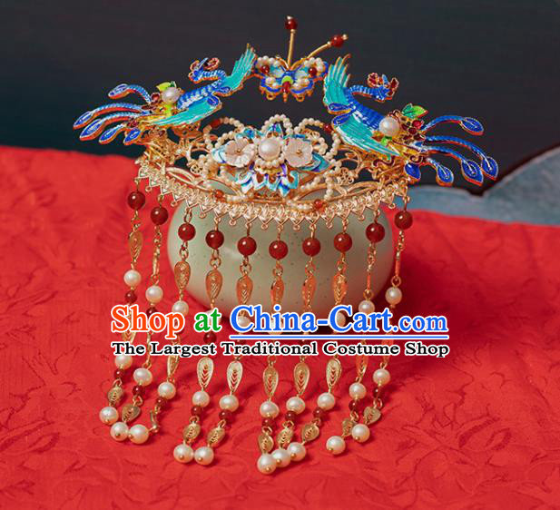 Chinese Classical Blueing Phoenix Tassel Step Shake Hair Crown Handmade Hanfu Hair Accessories Ancient Ming Dynasty Golden Leaf Hairpins