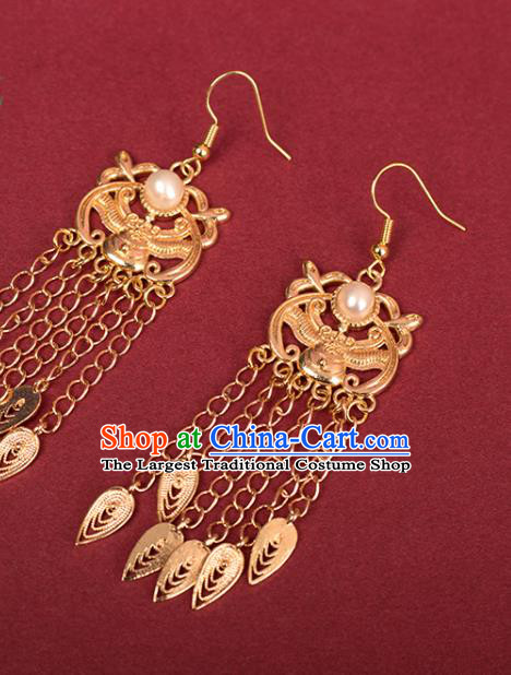 Chinese Handmade Golden Tassel Earrings Classical Ear Accessories Hanfu Ming Dynasty Princess Pearl Eardrop