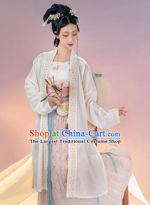 Chinese Ancient Song Dynasty Women Historical Costumes Embroidered Hanfu Dress Traditional White BeiZi Top and Skirt Full Set