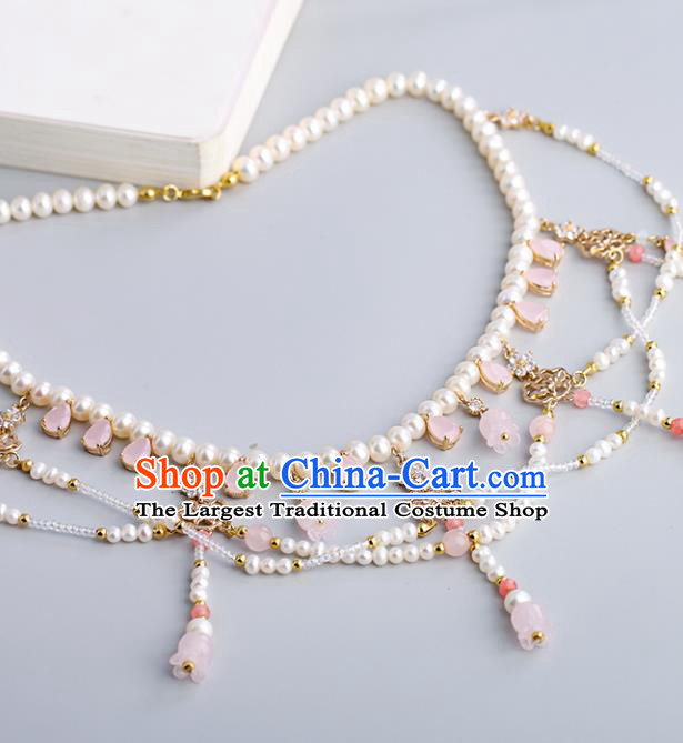 Chinese Handmade Pink Convallaria Necklet Classical Jewelry Accessories Ancient Ming Dynasty Princess Hanfu Pearls Necklace for Women