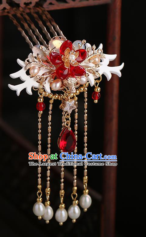 Chinese Classical Palace Shell Hair Comb Handmade Hanfu Hair Accessories Ancient Ming Dynasty Princess Red Crystal Tassel Hairpins
