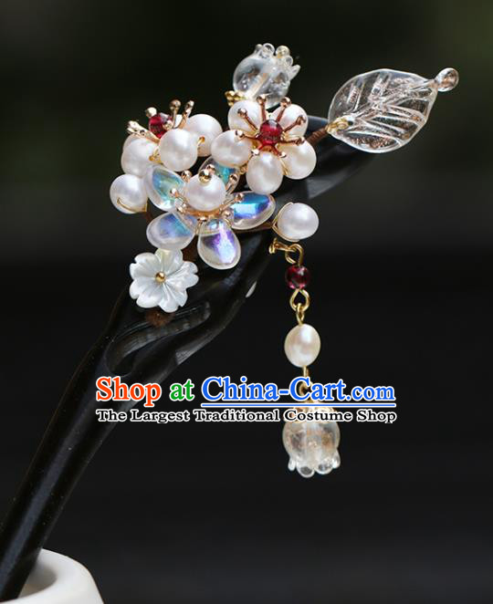 Chinese Classical Palace Pearls Hair Stick Handmade Hanfu Hair Accessories Ancient Qing Dynasty Princess Ebony Hairpins