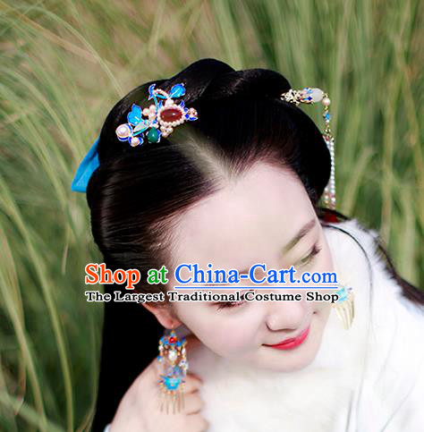 Chinese Classical Palace Pearls Blueing Hair Stick Handmade Hanfu Hair Accessories Ancient Ming Dynasty Empress Gems Hairpins