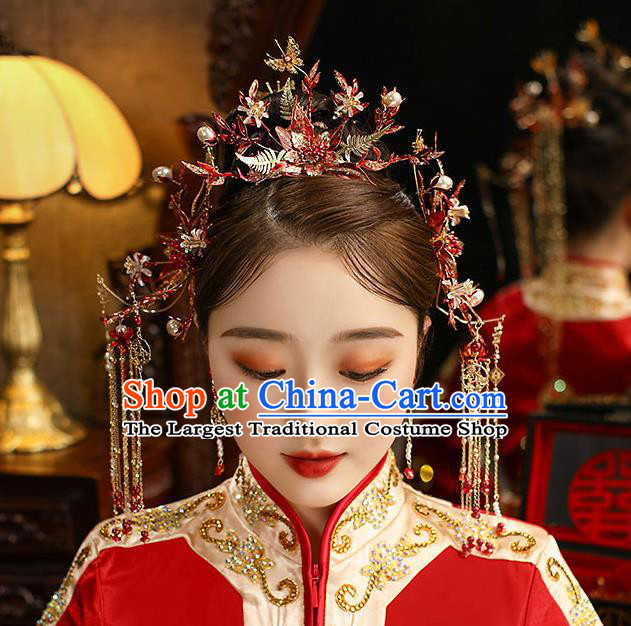 Chinese Classical Wedding Red Leaf Hair Crown Handmade Hair Accessories Ancient Bride Tassel Hairpins Complete Set