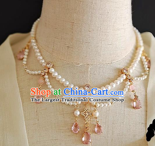 Chinese Handmade Ming Dynasty Pink Crystal Necklet Classical Jewelry Accessories Ancient Princess Hanfu Pearls Necklace for Women