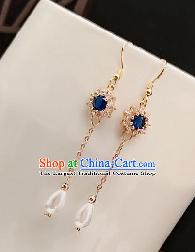 Chinese Handmade Blue Crystal Earrings Classical Ear Accessories Hanfu Ming Dynasty Princess Eardrop