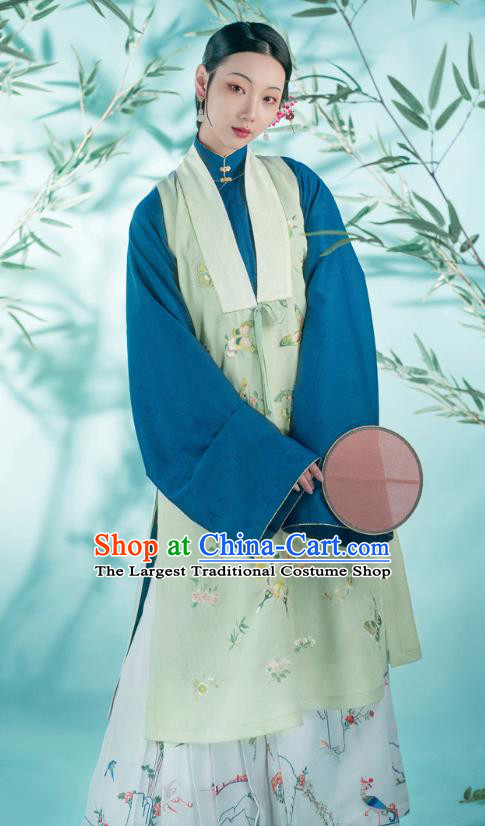 Chinese Ancient Patrician Young Mistress Historical Costumes Traditional Ming Dynasty Embroidered Butterfly Green Vest Blouse and Skirt Hanfu Apparels for Women