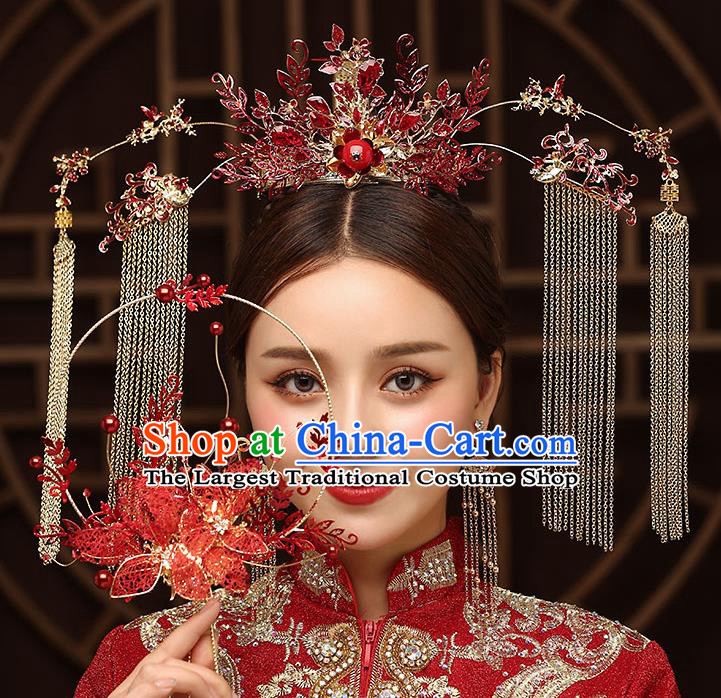 Chinese Handmade Red Phoenix Coronet Classical Wedding Hair Accessories Ancient Bride Tassel Hairpins Complete Set