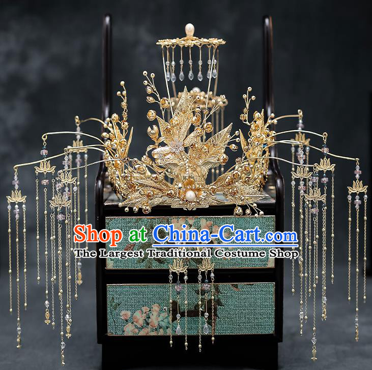 Chinese Handmade Golden Leaf Phoenix Coronet Classical Wedding Hair Accessories Ancient Bride Hairpins Complete Set