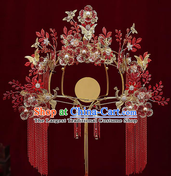 Chinese Handmade Hair Crown Classical Wedding Hair Accessories Ancient Bride Red Tassel Phoenix Coronet Hairpins Complete Set
