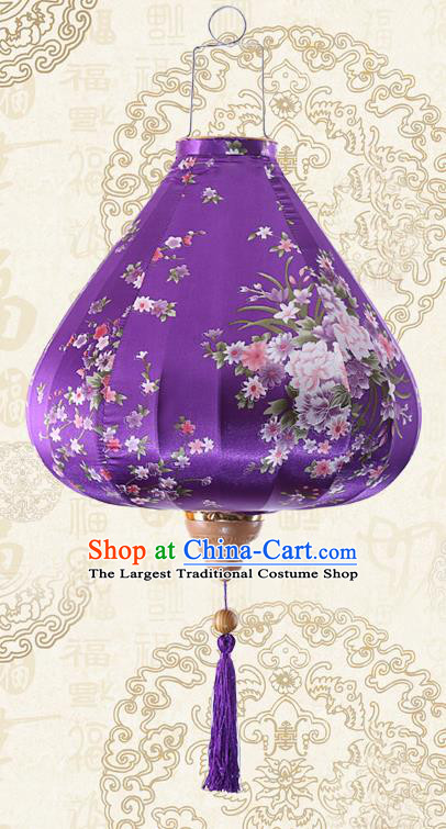 Chinese Traditional Printing Daffodil Purple Palace Lanterns Handmade Hanging Lantern Classical Festive New Year Satin Lamp