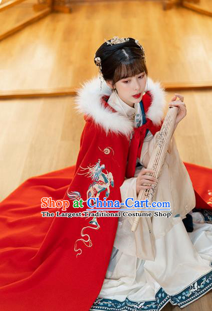 Chinese Traditional Ancient Royal Princess Hanfu Cape Apparels Ming Dynasty Historical Costumes Embroidered Red Woolen Cloak