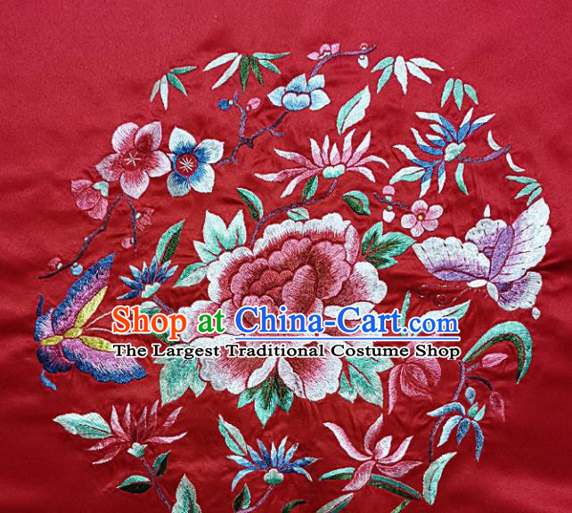 Traditional Chinese Embroidered Peony Butterfly Fabric Hand Embroidering Dress Round Applique Embroidery Red Silk Patches Accessories