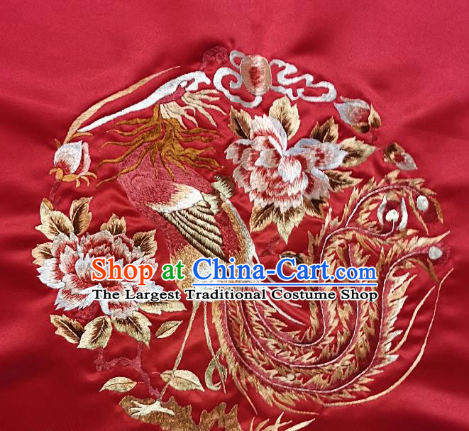 Traditional Chinese Embroidered Peony Phoenix Fabric Hand Embroidering Dress Round Applique Embroidery Red Silk Patches Accessories