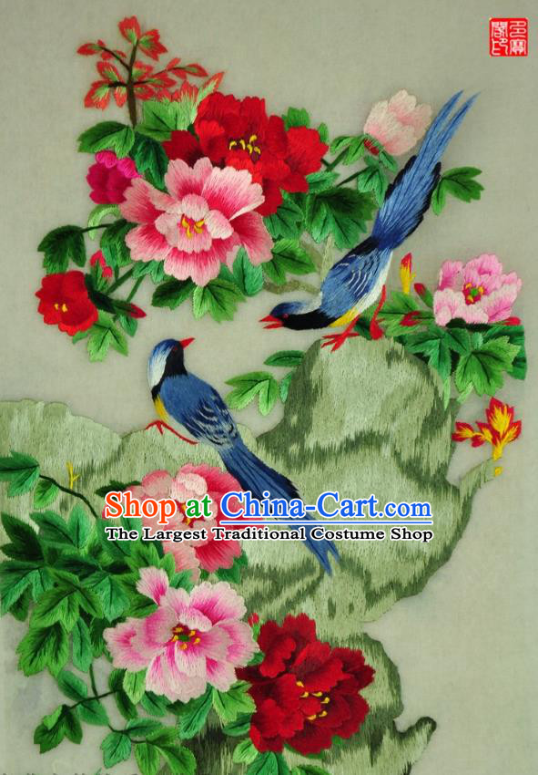 Traditional Chinese Embroidered Peony Birds Decorative Painting Hand Embroidery Silk Wall Picture Craft