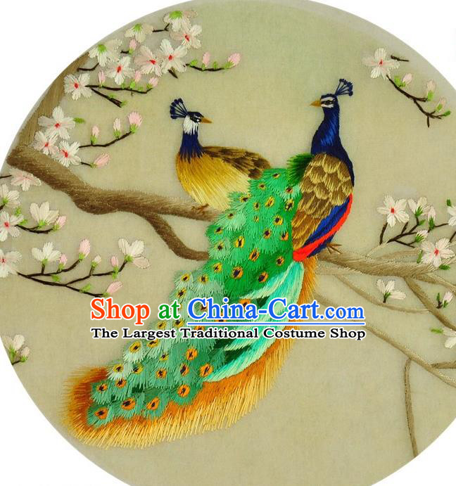 Traditional Chinese Embroidered Peacock Magnolia Decorative Painting Hand Embroidery Silk Round Wall Picture Craft