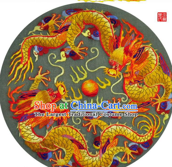 Traditional Chinese Embroidered Double Dragons Decorative Painting Hand Embroidery Silk Round Wall Picture Craft