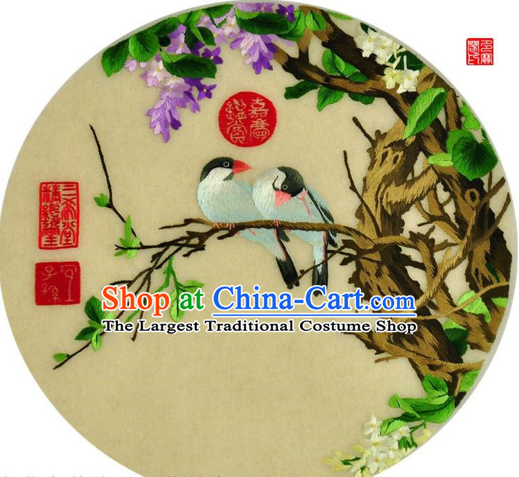 Traditional Chinese Embroidered Purple Flower Bird Decorative Painting Hand Embroidery Silk Round Wall Picture Craft