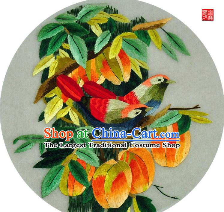Traditional Chinese Embroidered Persimmon Bird Decorative Painting Hand Embroidery Silk Round Wall Picture Craft