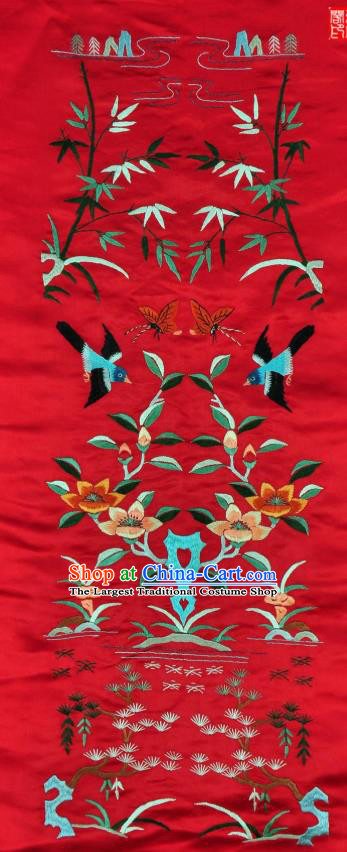 Traditional Chinese Embroidered Flowers Bird Decorative Painting Hand Embroidery Pine Red Silk Wall Picture Craft