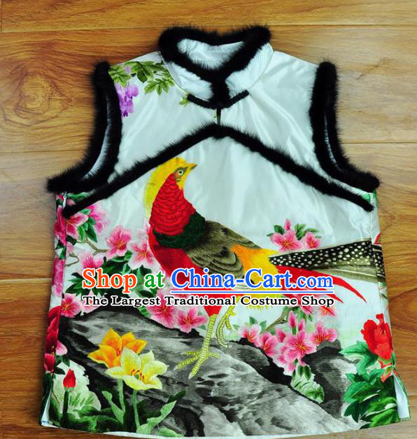 Traditional Chinese Embroidered Golden Pheasant Peony Vest Hand Su Embroidery Tang Suit White Silk Waistcoat for Women
