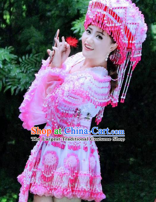 China Yao Ethnic Women Short Dress Yunnan Nationality Women Folk Dance Apparels Miao Minority Costumes with Headwear