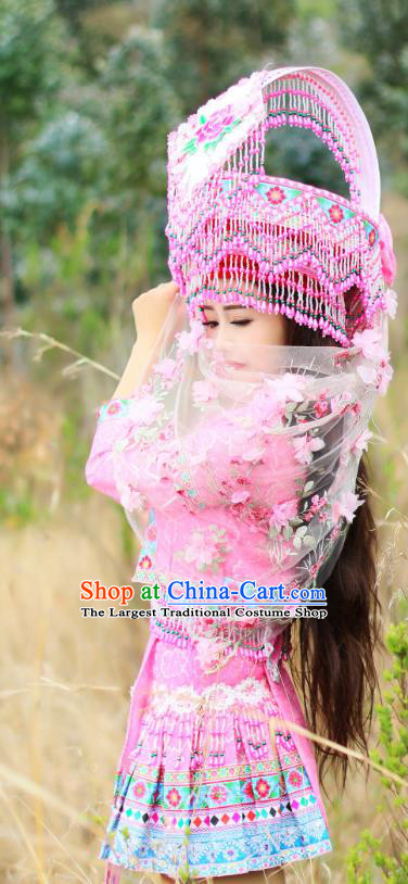China Nationality Wedding Pink Blouse and Short Skirt Miao Minority Folk Dance Clothing Ethnic Bride Apparels and Headwear