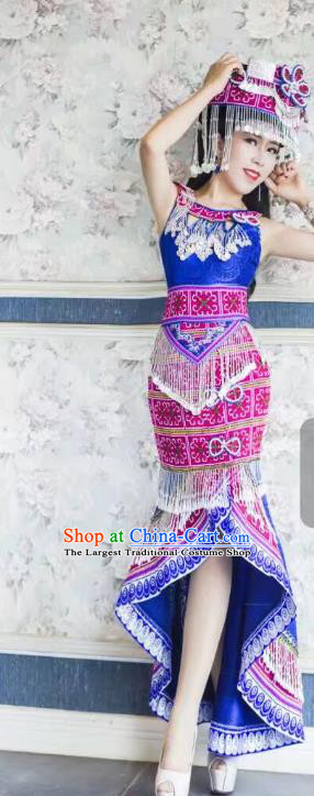 China Miao Minority Clothing Royalblue Dress Ethnic Women Folk Dance Costumes with Hair Accessories
