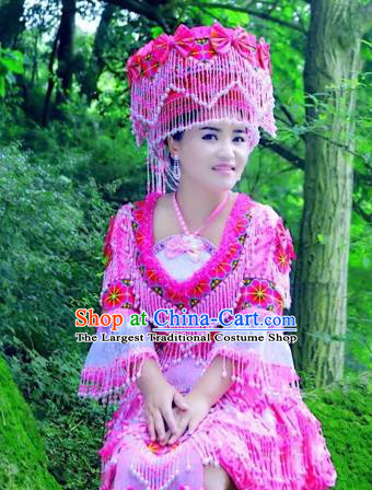 China Ethnic Folk Dance Apparels Miao Nationality Clothing Yunnan Minority Travel Photography Rosy Blouse and Skirt with Hat