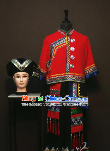China Traditional Tujia Nationality Men Costumes Ethnic Folk Dance Clothing Yi Minority Red Shirt and Black Pants Outfits with Hat