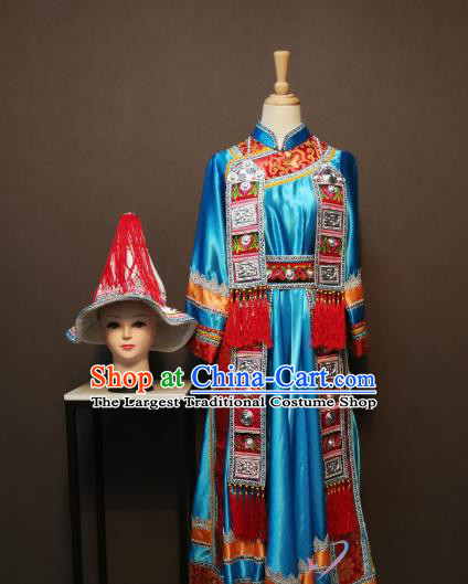 China Traditional Yugu Nationality Blue Dress Minority Festival Women Costumes Yunnan Yughurs Ethnic Folk Dance Clothing and Hat