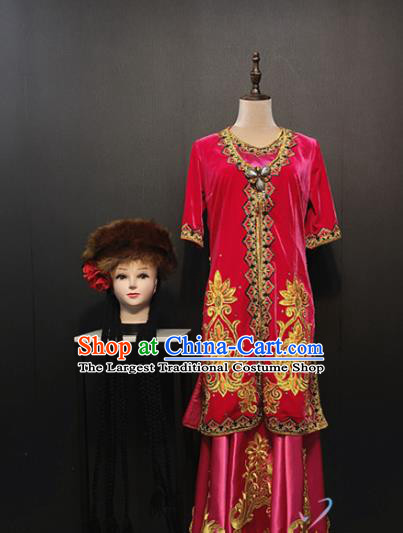 Custom China Xinjiang Ethnic Clothing Traditional Minority Folk Dance Costumes Uyghur Nationality Rosy Gown and Dress with Hat Full Set