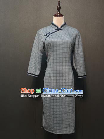 Republic of China Women Qipao Dress Drama Performance Dance Clothing Grey Suede Fabric Cheongsam