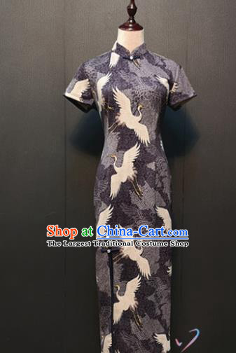 Custom Young Mistress Purple Qipao Dress Stage Performance Clothing Republic of China Drama Classical Printing Cranes Suede Fabric Cheongsam