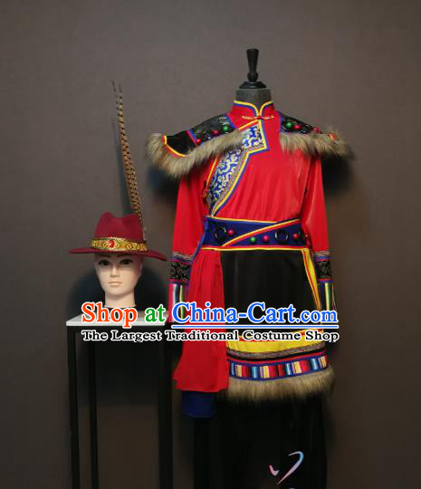 Custom China Pumi Ethnic Clothing Traditional Minority Folk Dance Costumes Nationality Men Red Robe and Pant with Hat