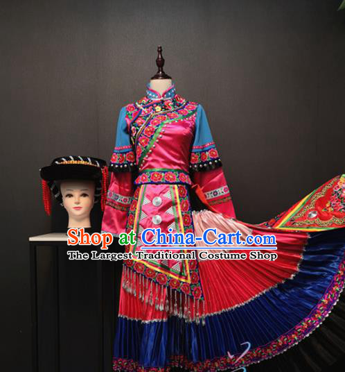 Custom Yi Nationality Rosy Blouse and Long Skirt China Ethnic Folk Dance Clothing Traditional Minority Women Costumes and Hat