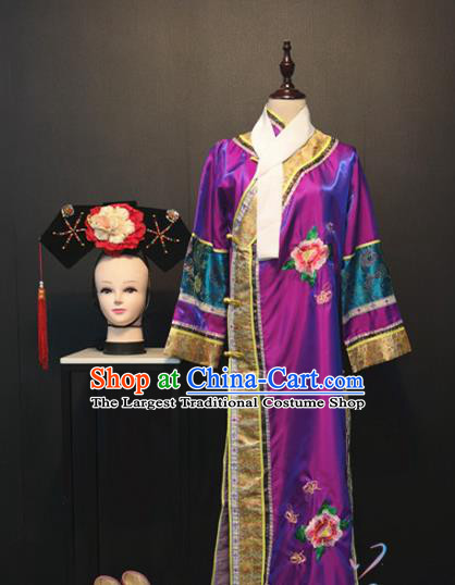 Chinese Qing Dynasty Imperial Consort Clothing Ancient Manchu Women Costume Traditional Stage Performance Purple Dress and Headwear