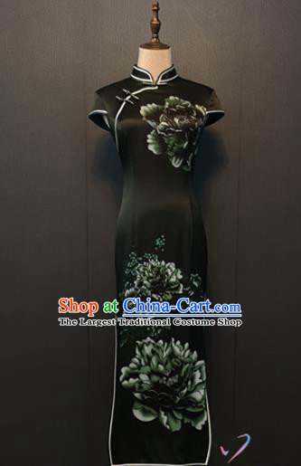 Compere Printing Peony Black Silk Qipao Dress Custom Stage Performance Clothing Classical Shanghai Cheongsam