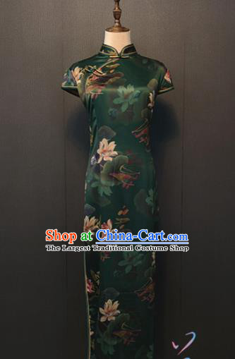 Custom Cheongsam Top Quality Republic of China Shanghai Women Clothing Classical Printing Lotus Deep Green Silk Qipao Dress