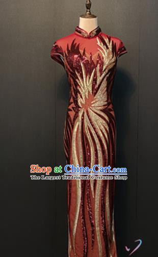 Traditional Embroidered Red Sequins Cheongsam Annual Meeting Clothing Compere Qipao Dress