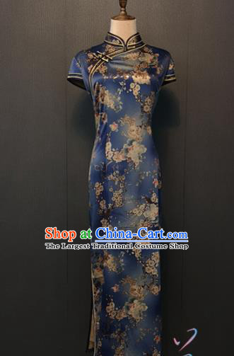 Custom China Compere Printing Pear Flowers Deep Blue Silk Qipao Dress Traditional Cheongsam Annual Meeting Clothing