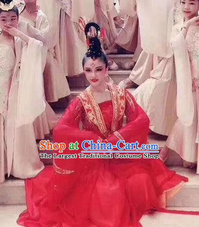 China Women Group Dance Red Dress Traditional Classical Dance Costume Drama Stage Performance Clothing