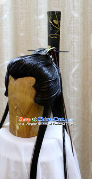 Cosplay Swordsman Jian Feidao Wig Sheath Handmade China Ancient Warrior Black Wigs Style and Hair Accessories