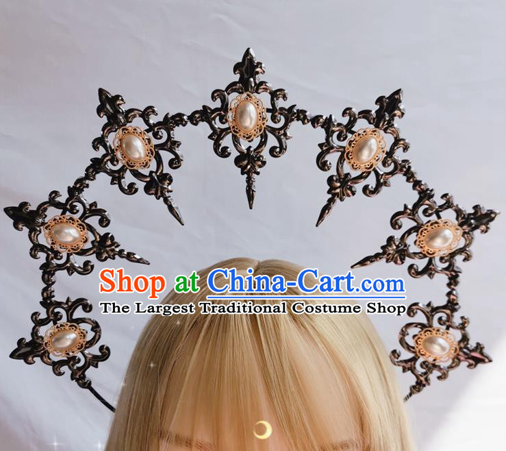 Handmade Pearls Black Aureole Royal Crown Halloween Stage Show Headwear Cosplay Gothic Princess Hair Accessories