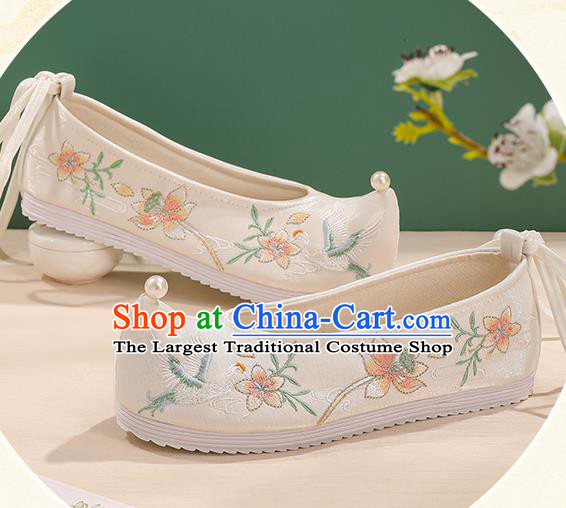 China Bow Shoes Handmade Princess Shoes Traditional Hanfu Cloth Shoes Embroidered Flower Bird Shoes
