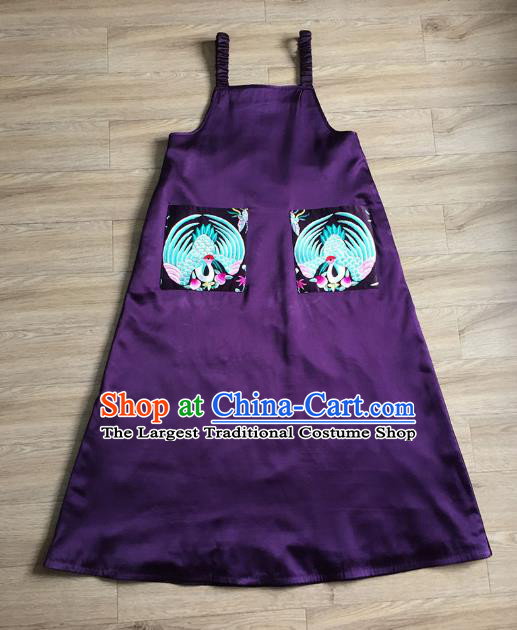 China Embroidered Crane Purple Silk Qipao Dress Women National Clothing Tang Suit Vest Cheongsam