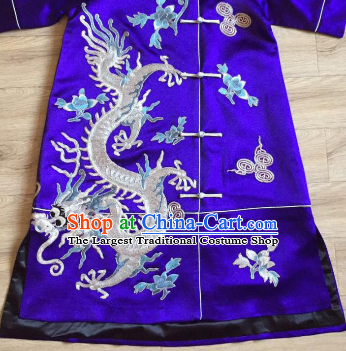 China Women National Clothing Tang Suit Cheongsam Clothing Embroidered Dragons Royalblue Silk Qipao Dress