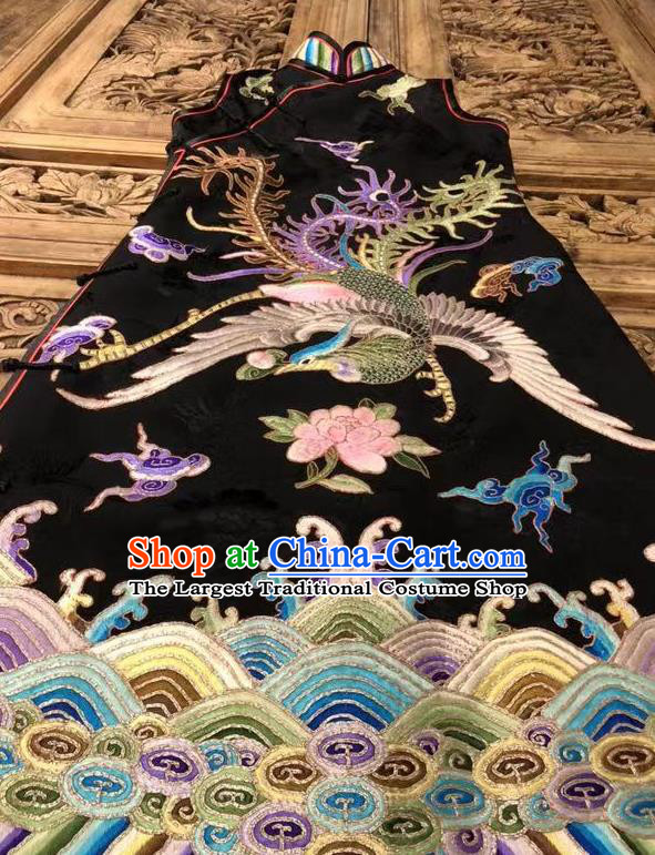 China Women National Clothing Embroidered Phoenix Black Silk Qipao Dress Costume Tang Suit Sleeveless Cheongsam